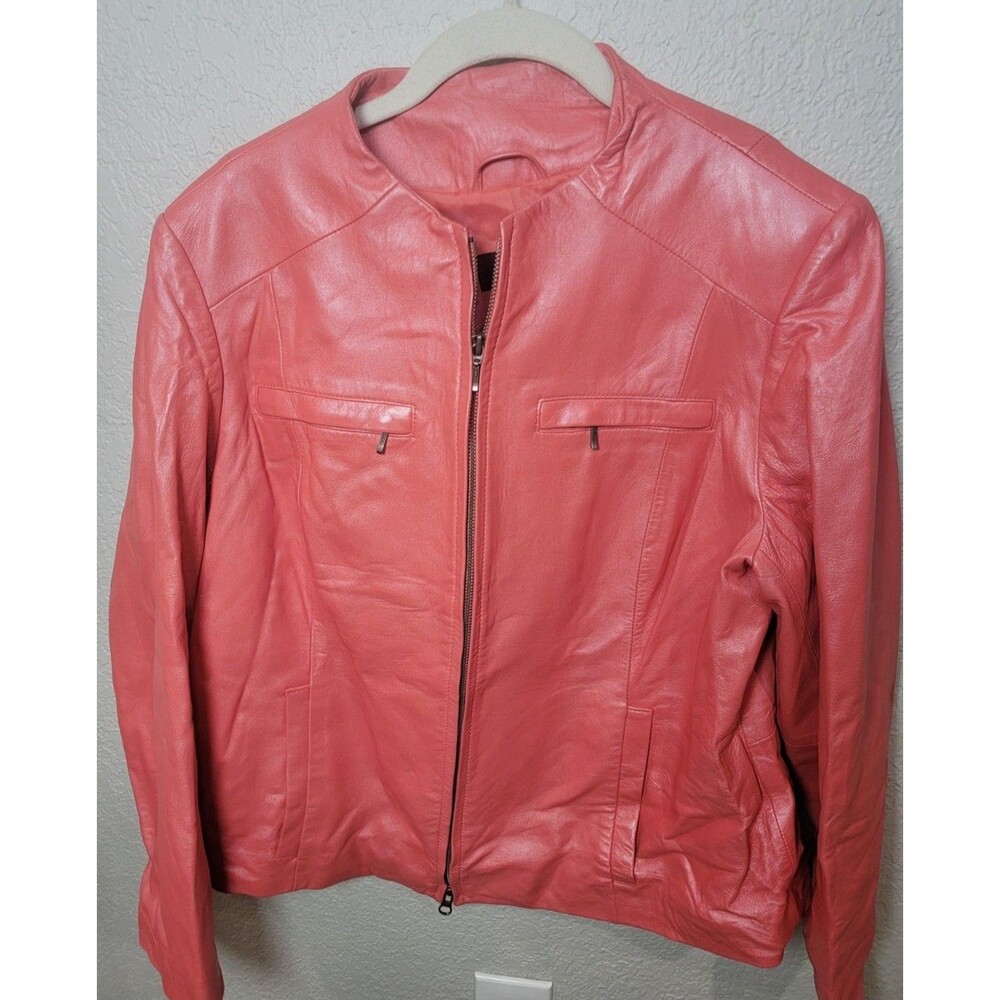 Alfani Woman 1X (2XL) Coral Pink Genuine Leather Zip Jacket Moto Stand Collar